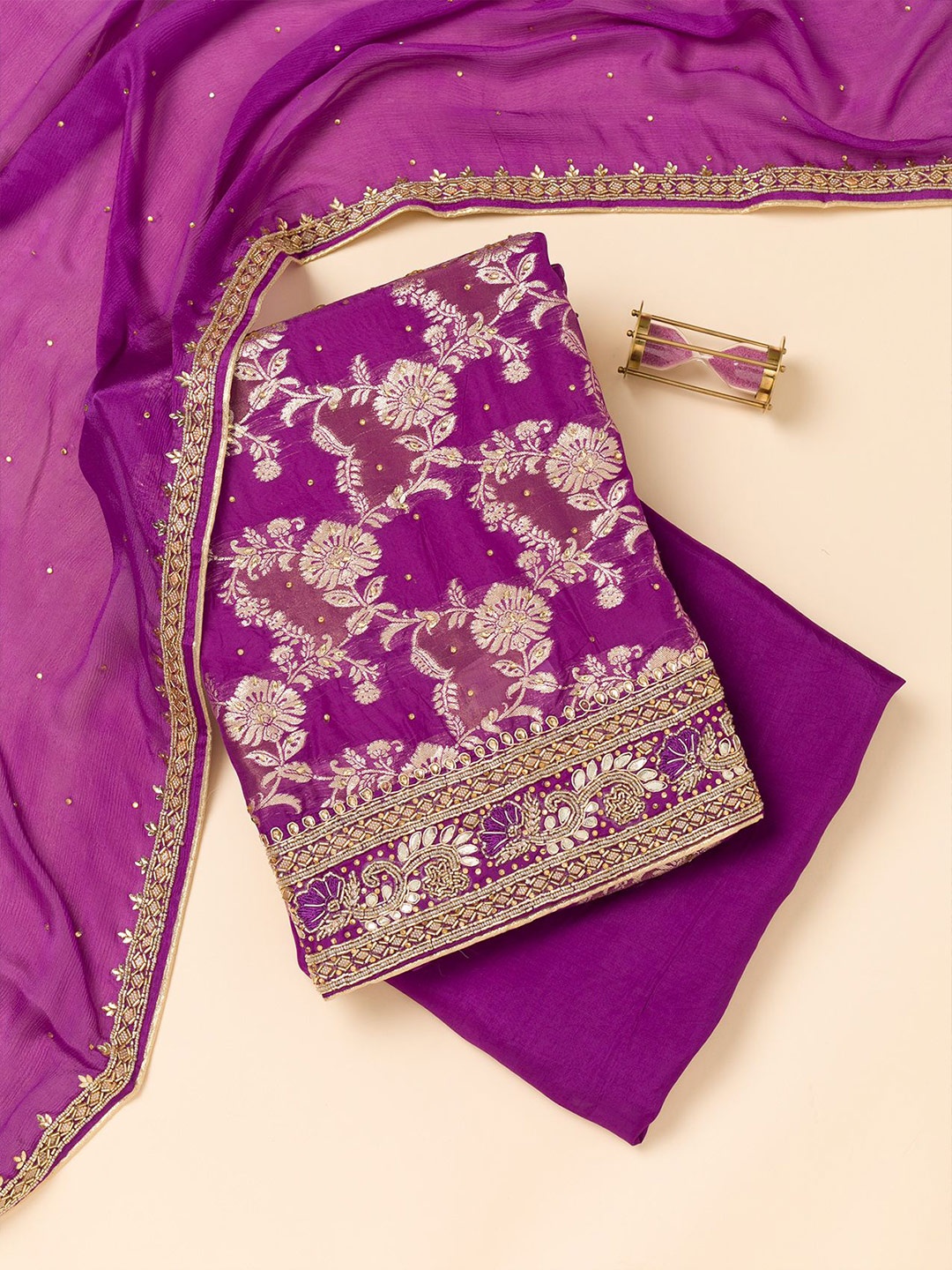 

Koskii Floral Embroidered Unstitched Dress Material, Purple