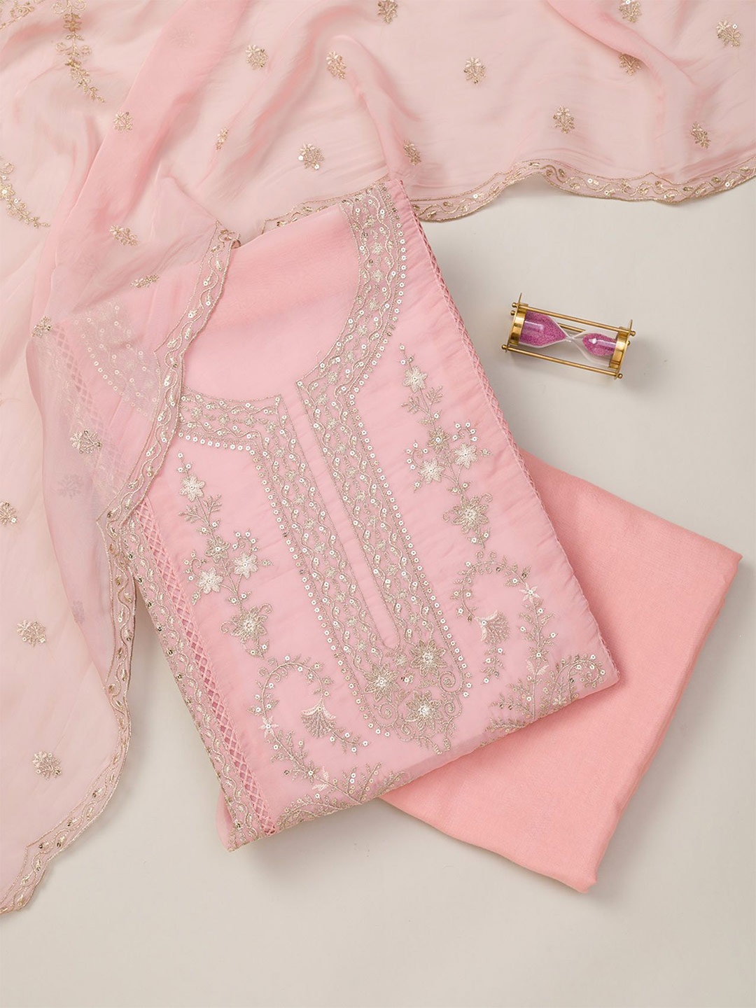 

Koskii Floral Embroidered Tissue Unstitched Dress Material, Pink