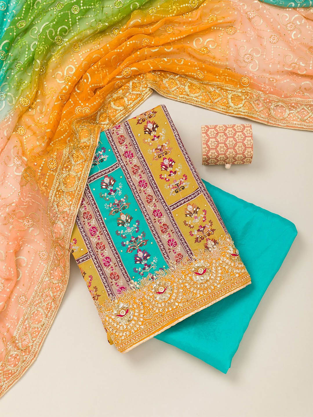 

Koskii Ethnic Motifs Embroidered Unstitched Dress Material, Yellow
