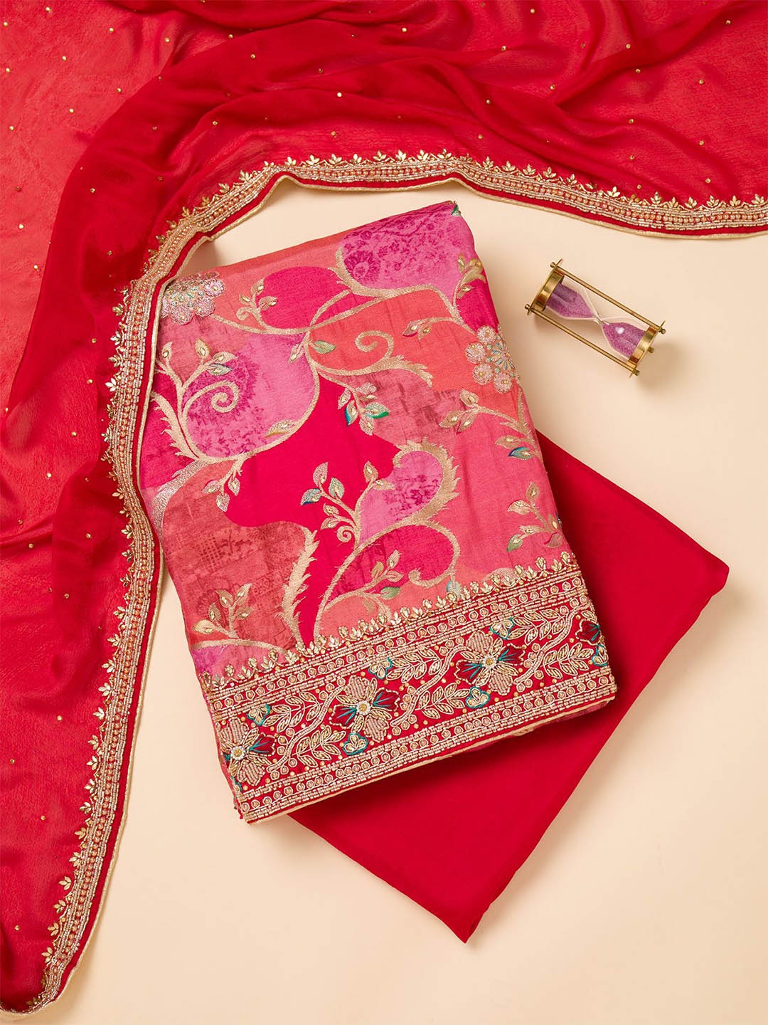

Koskii Floral Embroidered Unstitched Dress Material, Red