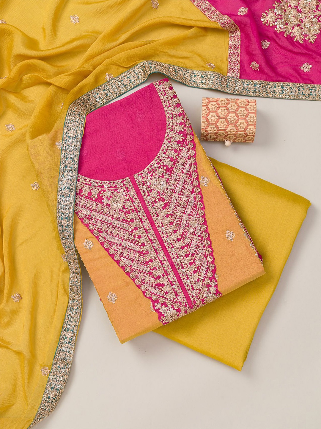 

Koskii Floral Embroidered Unstitched Dress Material, Yellow