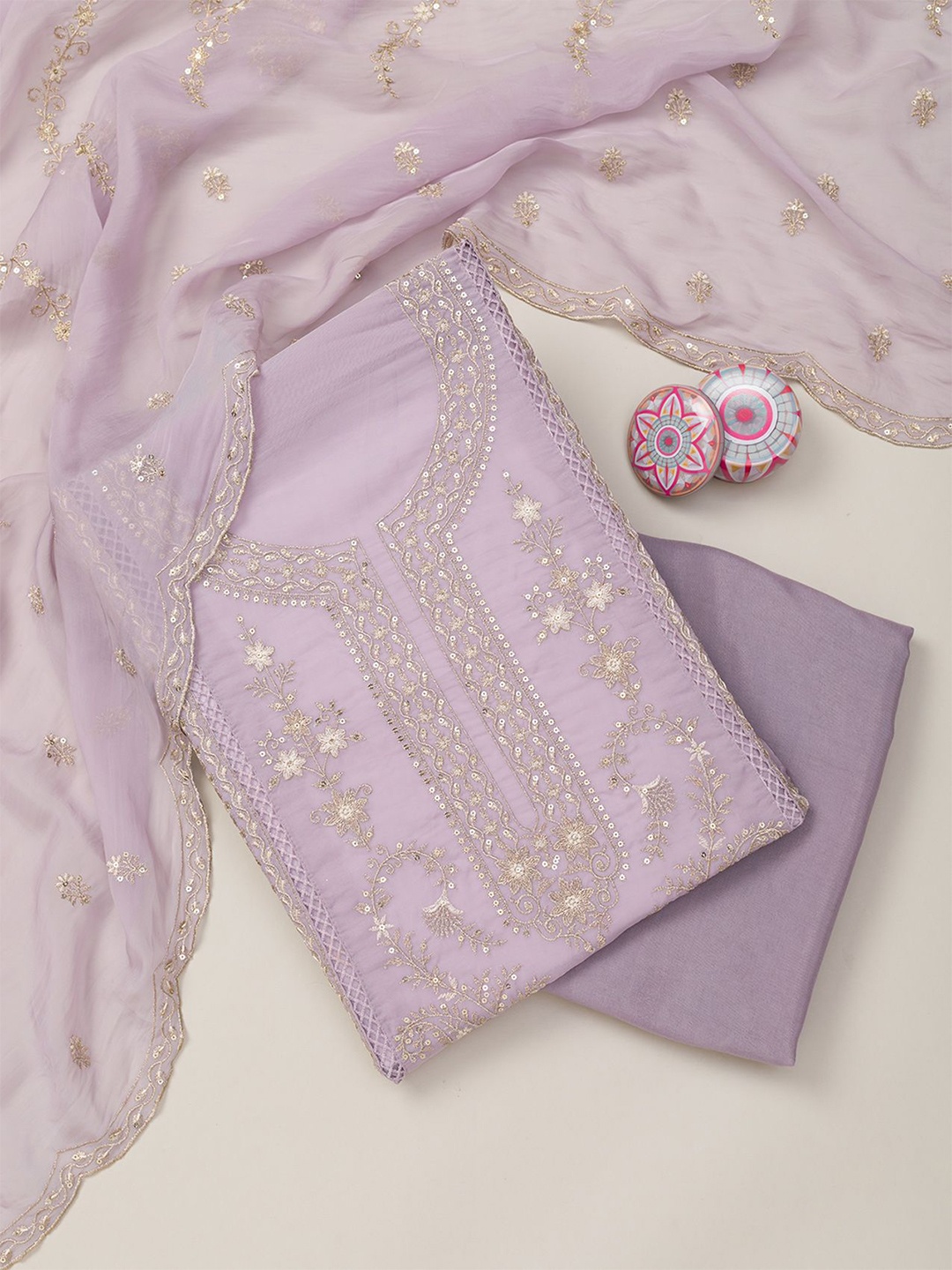 

Koskii Floral Embroidered Zari Unstitched Dress Material, Purple