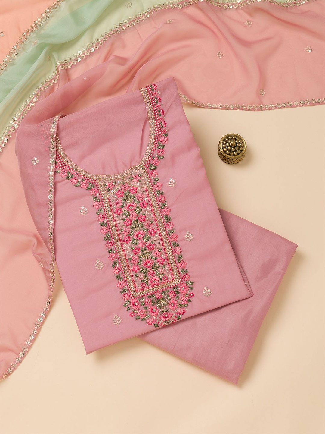 

Koskii Ethnic Motifs Embroidered Sequined Unstitched Dress Material, Pink