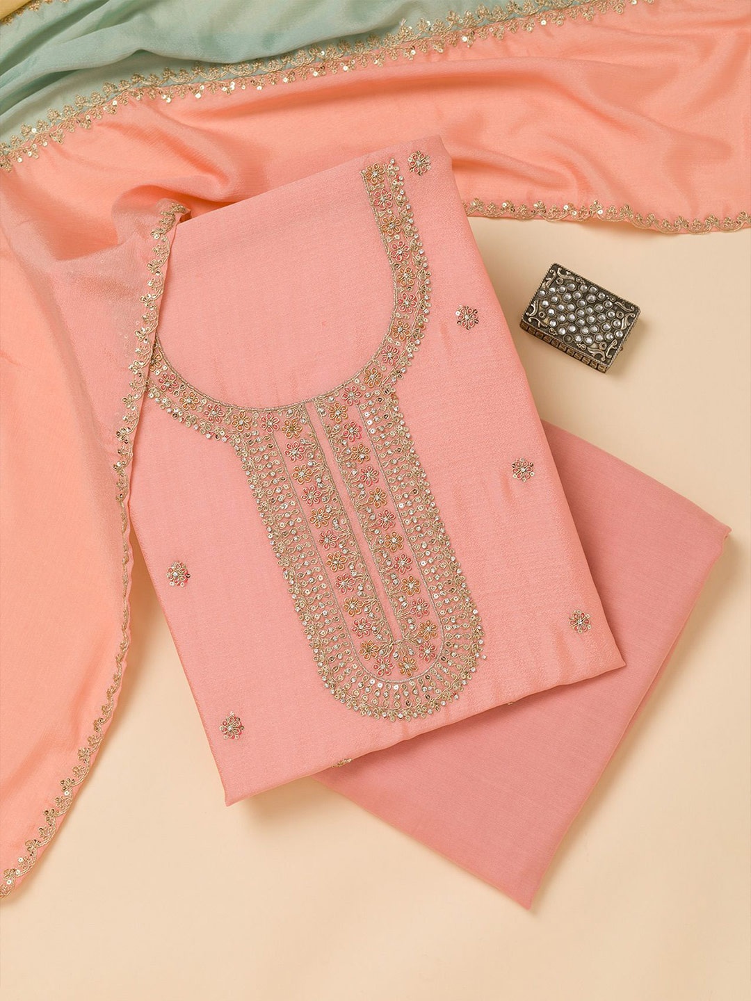 

Koskii Floral Embroidered Unstitched Dress Material, Peach