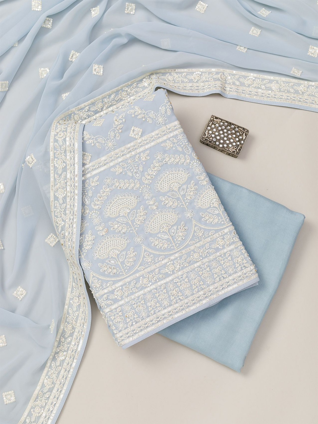 

Koskii Floral Embroidered Unstitched Dress Material, Blue
