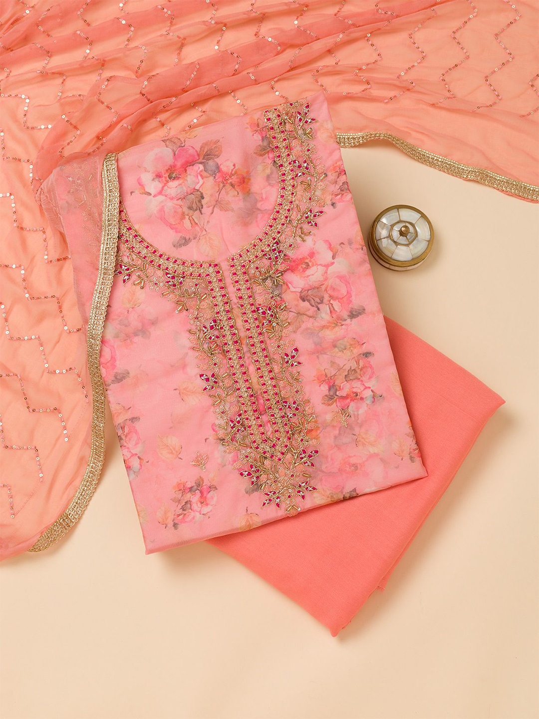 

Koskii Floral Embroidered Beads and Stones Organza Unstitched Dress Material, Peach
