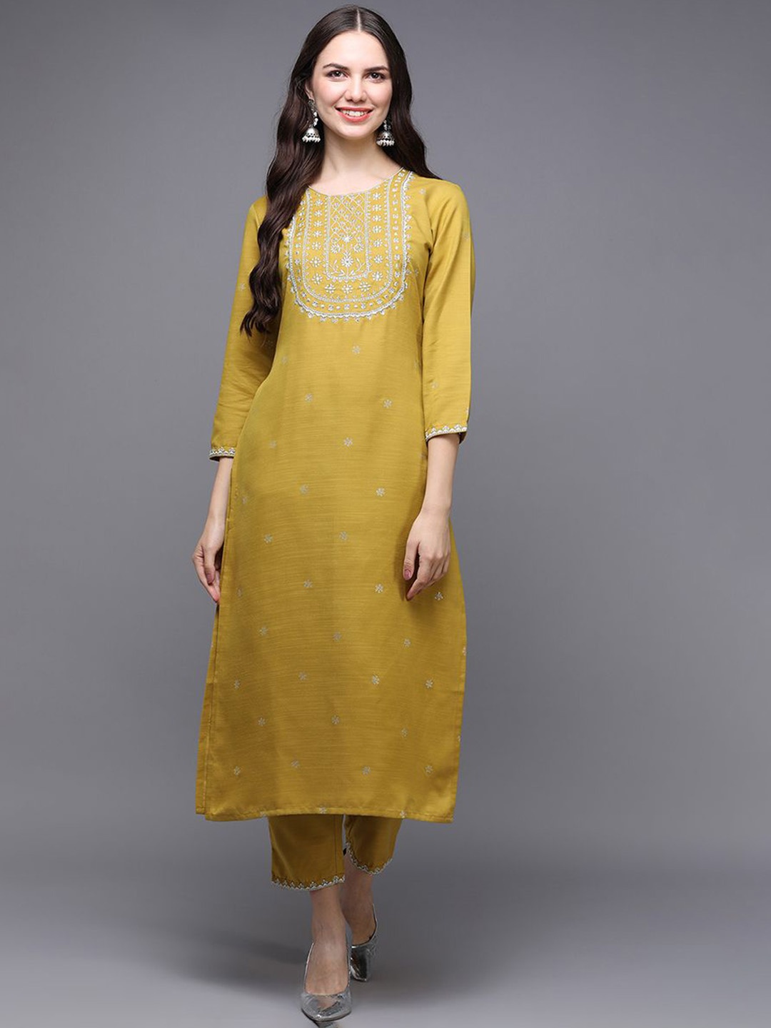 

KALINI Ethnic Motifs Yoke Design Straight Kurta, Yellow