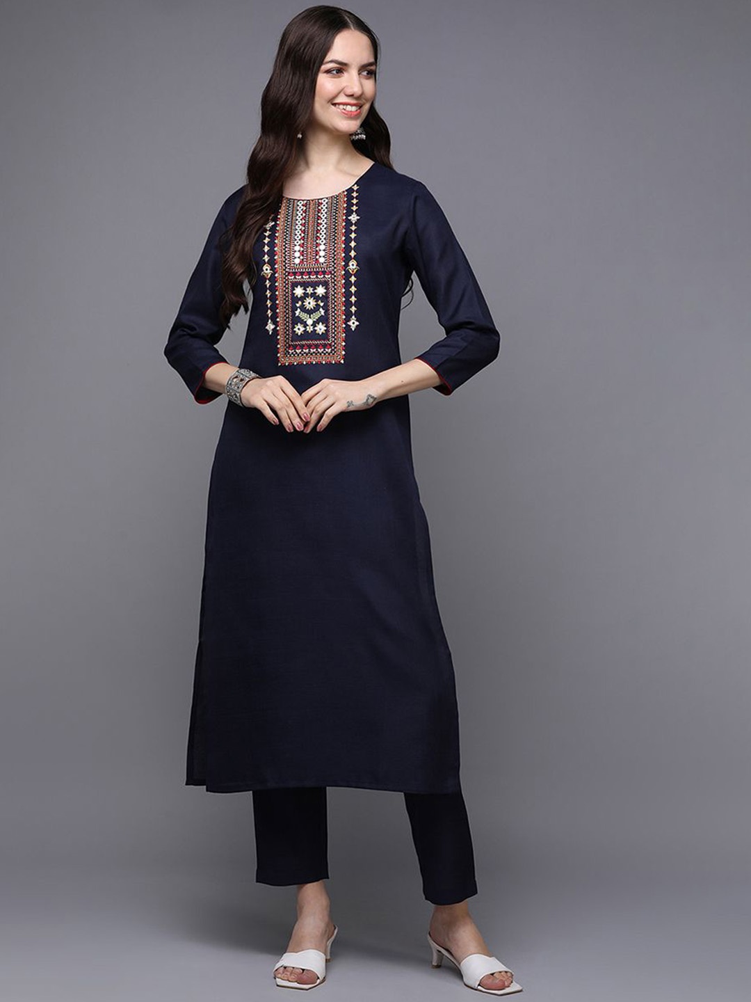 

KALINI Floral Embroidered Mirror Work Straight Kurta, Navy blue