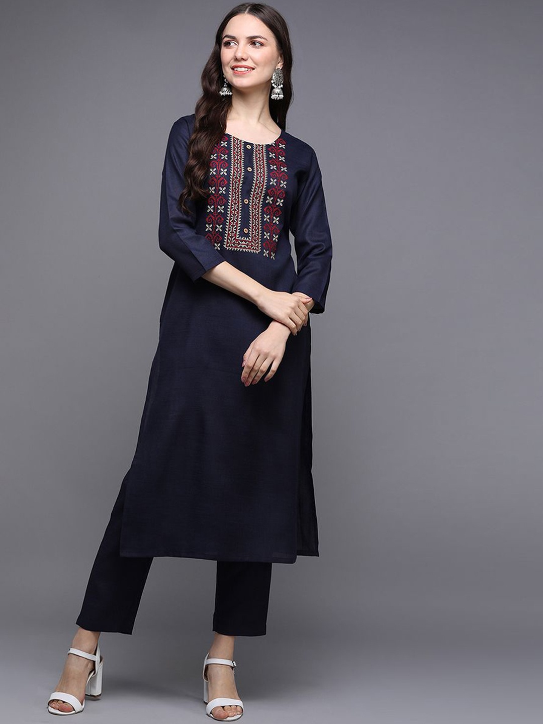

KALINI Ethnic Motifs Yoke Design Kurta, Navy blue