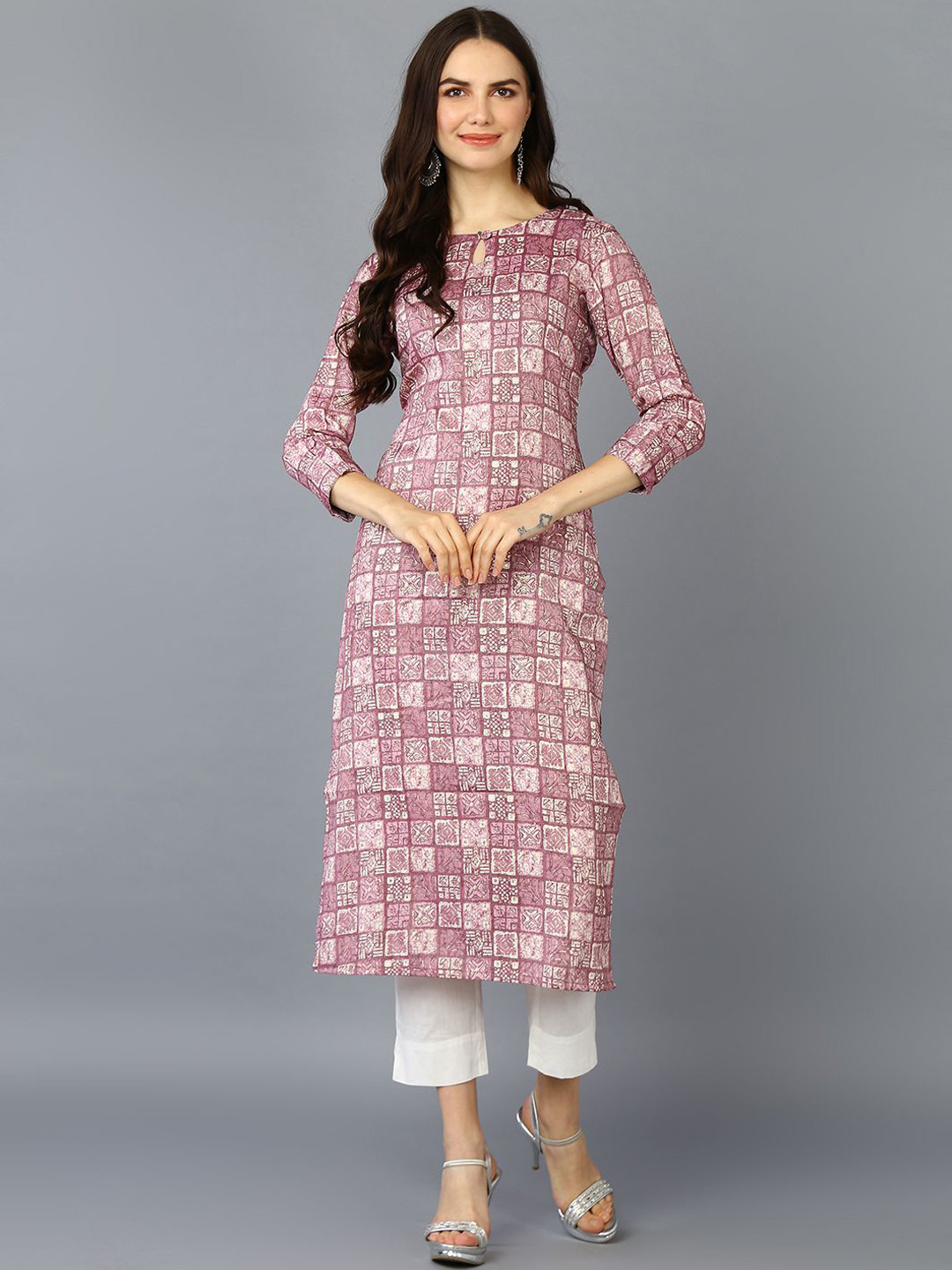 

KALINI Women Checked Keyhole Neck Flared Sleeves Sequinned Kurta, Pink