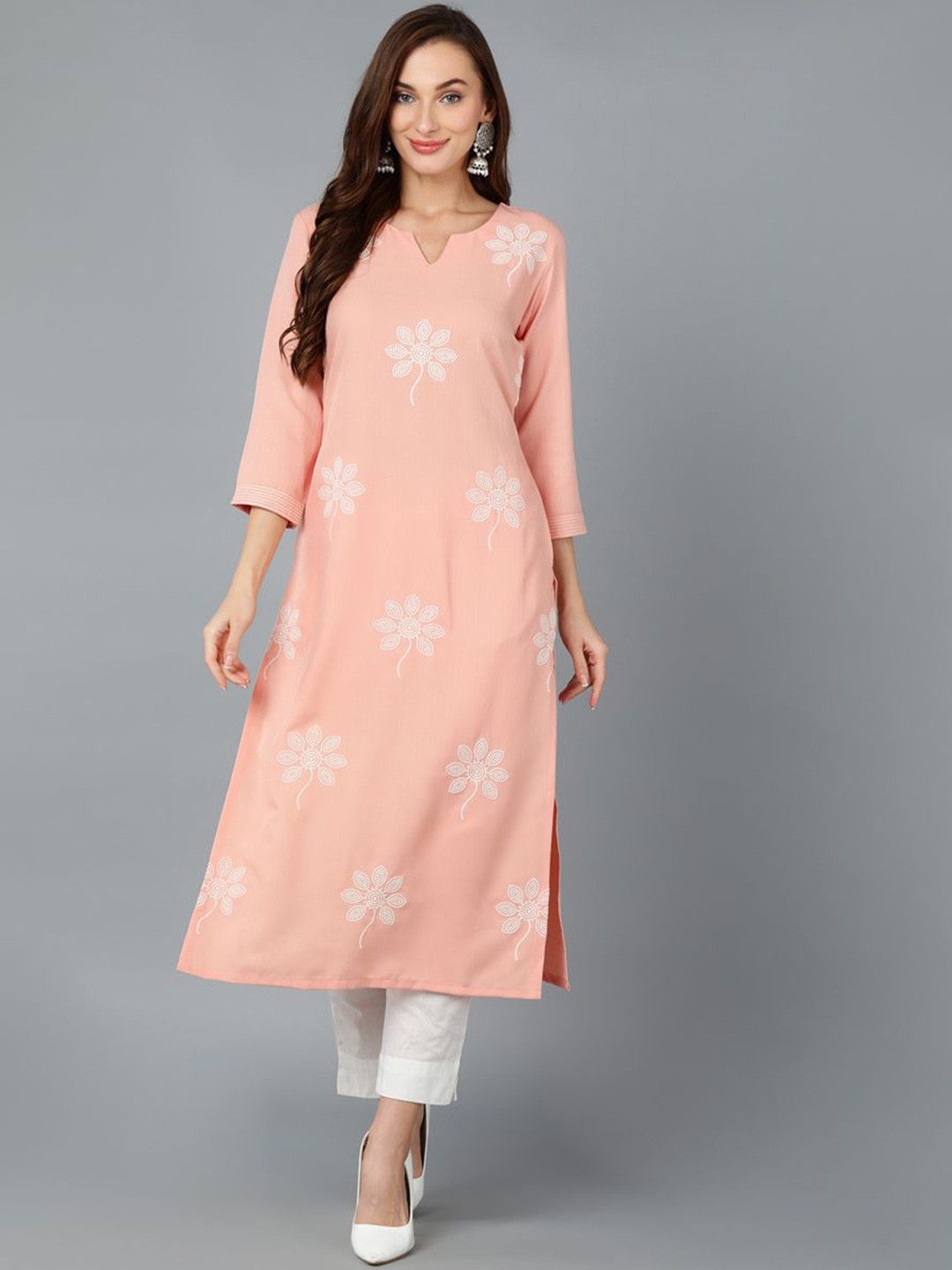 

KALINI Floral Embroidered Round Neck Straight Kurta, Peach