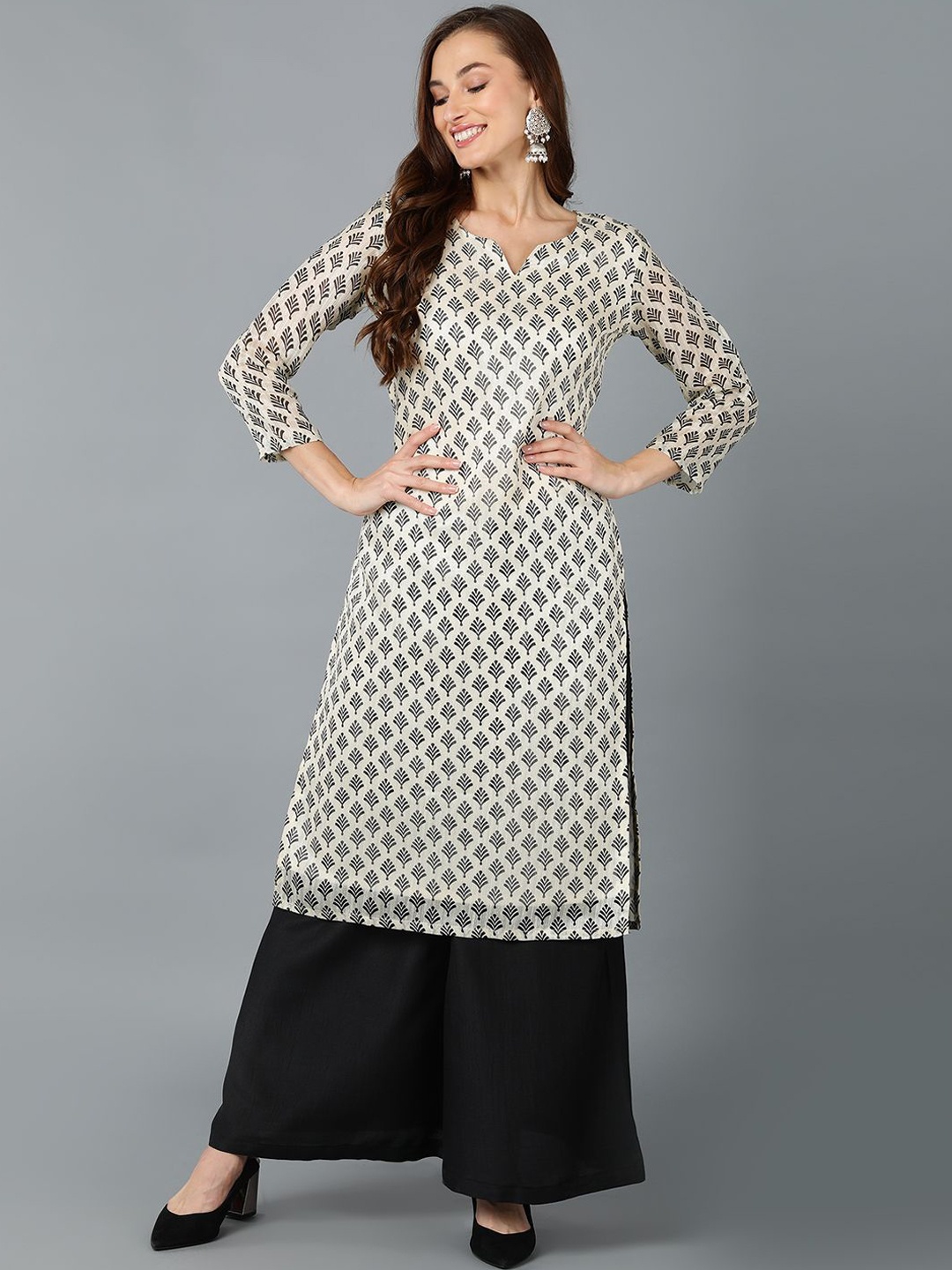 

KALINI Ethnic Motifs Printed Straight Kurta, Off white