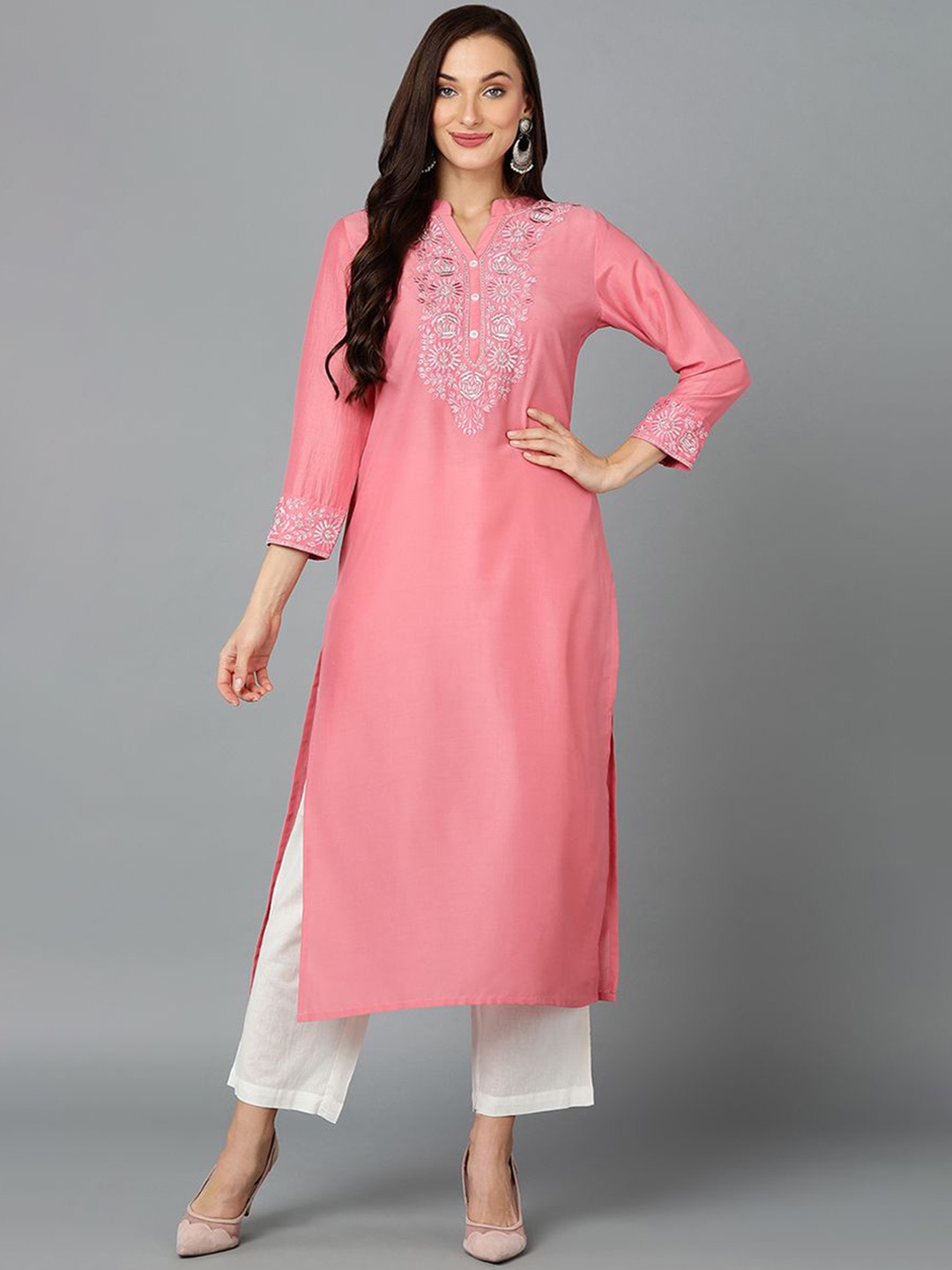 

KALINI Floral Embroidered Mandarin Collar Straight Kurta, Pink