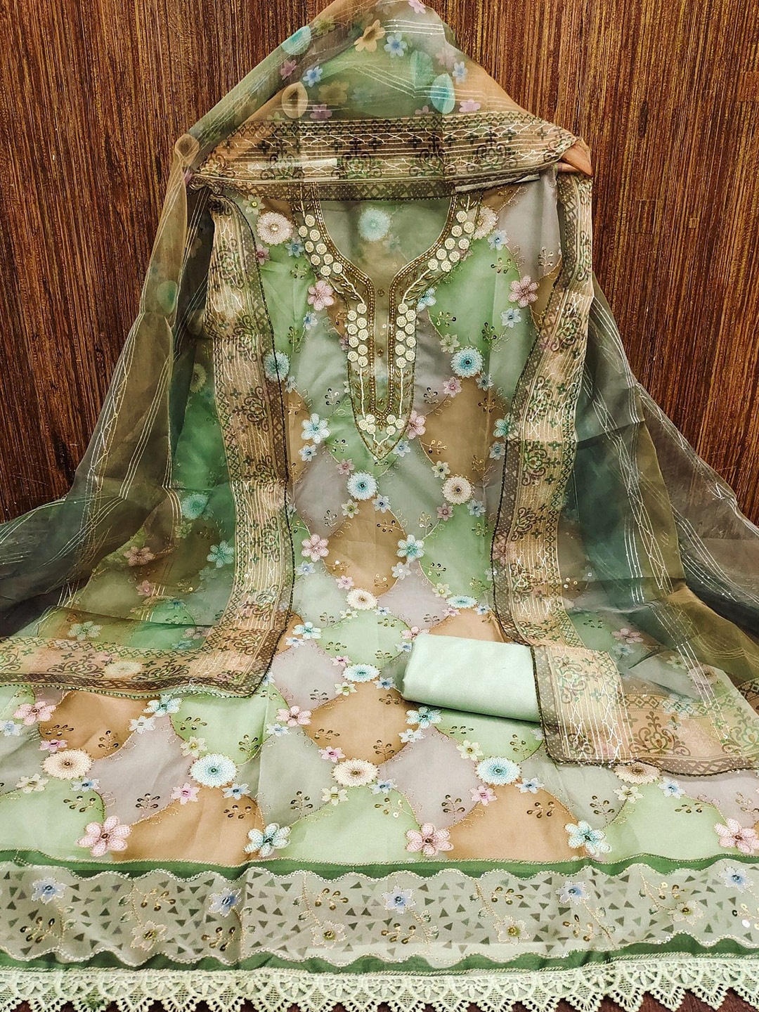 

LeeliPeeri Designer Floral Embroidered Organza Unstitched Dress Material, Green