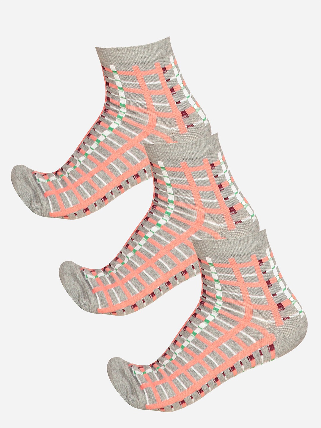 

Bodycare Women Pack Of 3 Checked Cotton Ankle-Length Socks, Grey melange