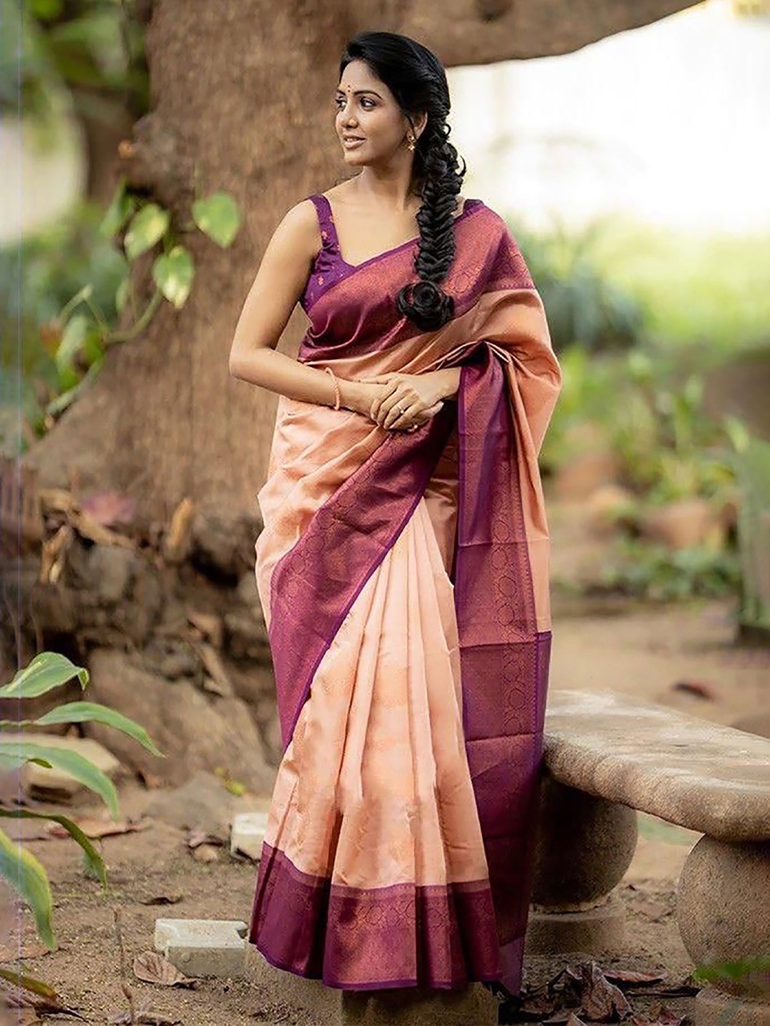 

BerMondsey Woven Design Zari Banarasi Saree, Peach