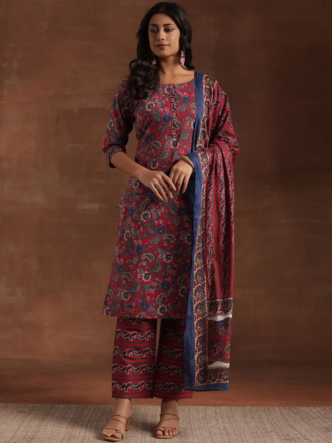 

Libas Floral Printed Pure Cotton Straight Kurta with Trousers & Dupatta, Red