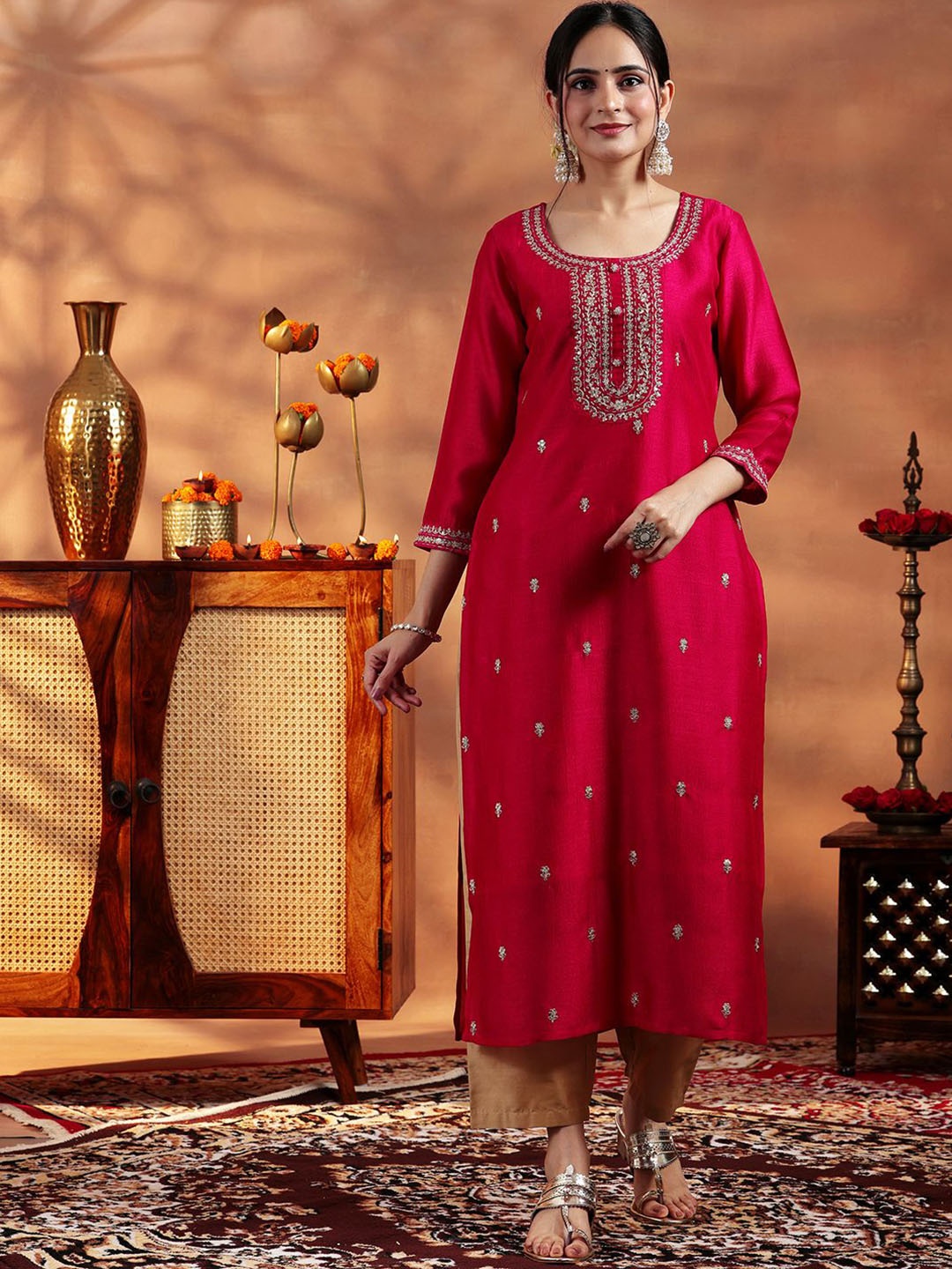 

Libas Floral Embroidered Round Neck Sequinned Silk Straight Kurta, Red
