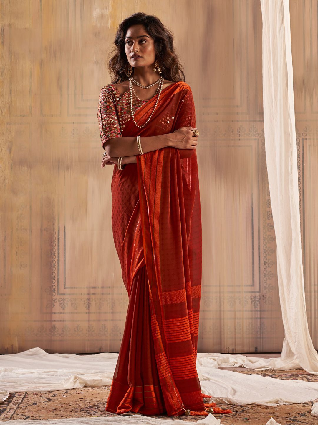 

Mitera Embroidered Striped Saree, Orange