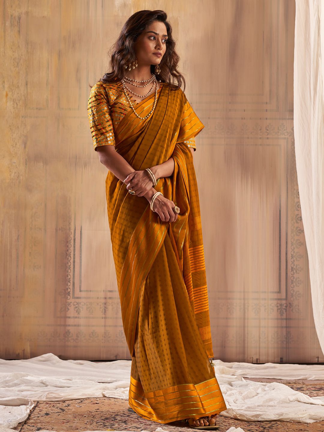 

Mitera Embroidered Striped Saree, Mustard