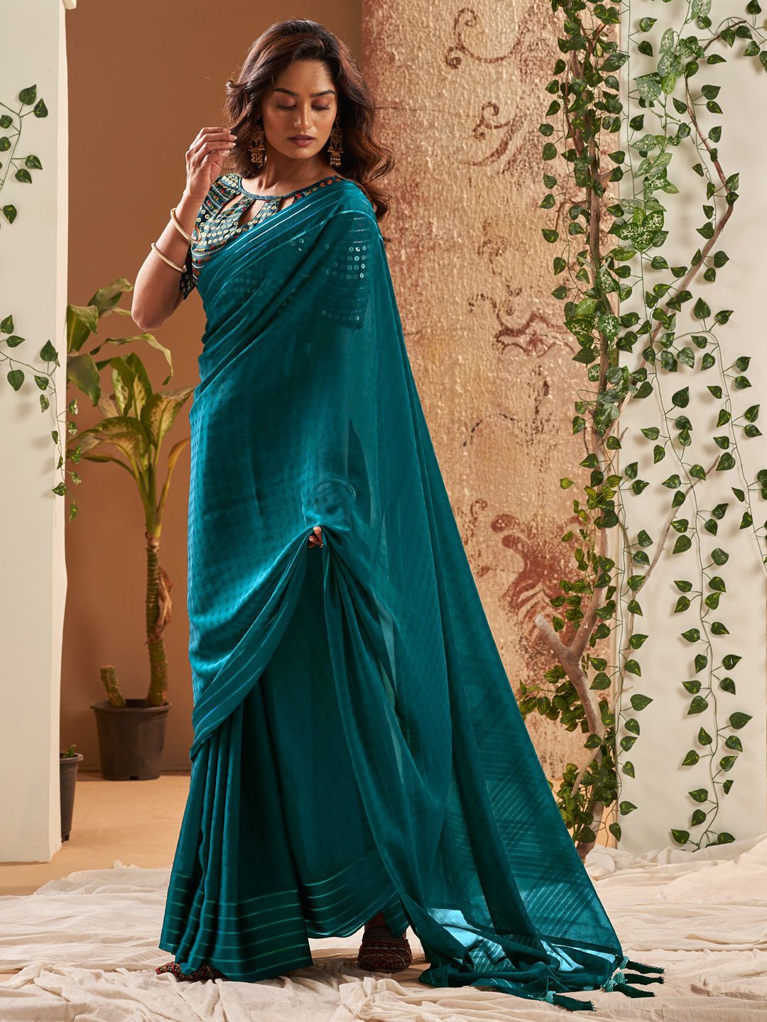 

Mitera Striped Border Saree With Embroidered Blouse, Teal