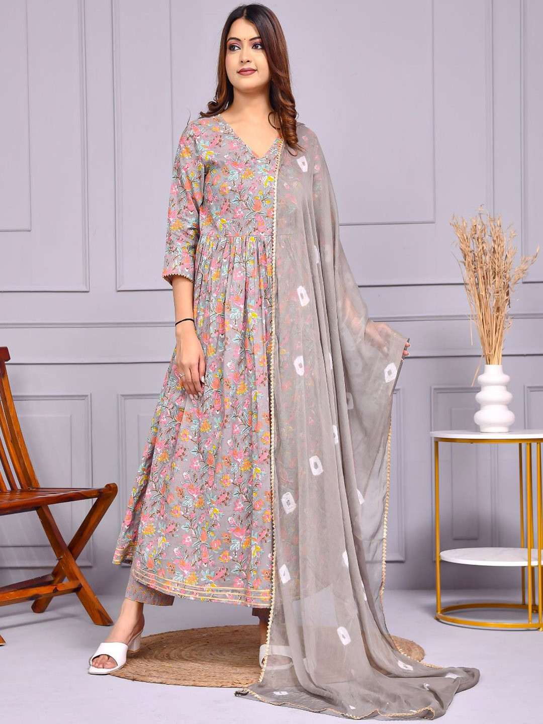 

Aspriya Floral Printed Angrakha Pure Cotton Kurta With Trousers & Dupatta, Grey melange