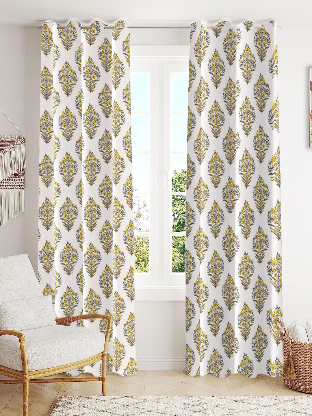 

Trance Home Linen Yellow 2 Pieces Printed Room Darkening Pure Cotton Long Door Curtains