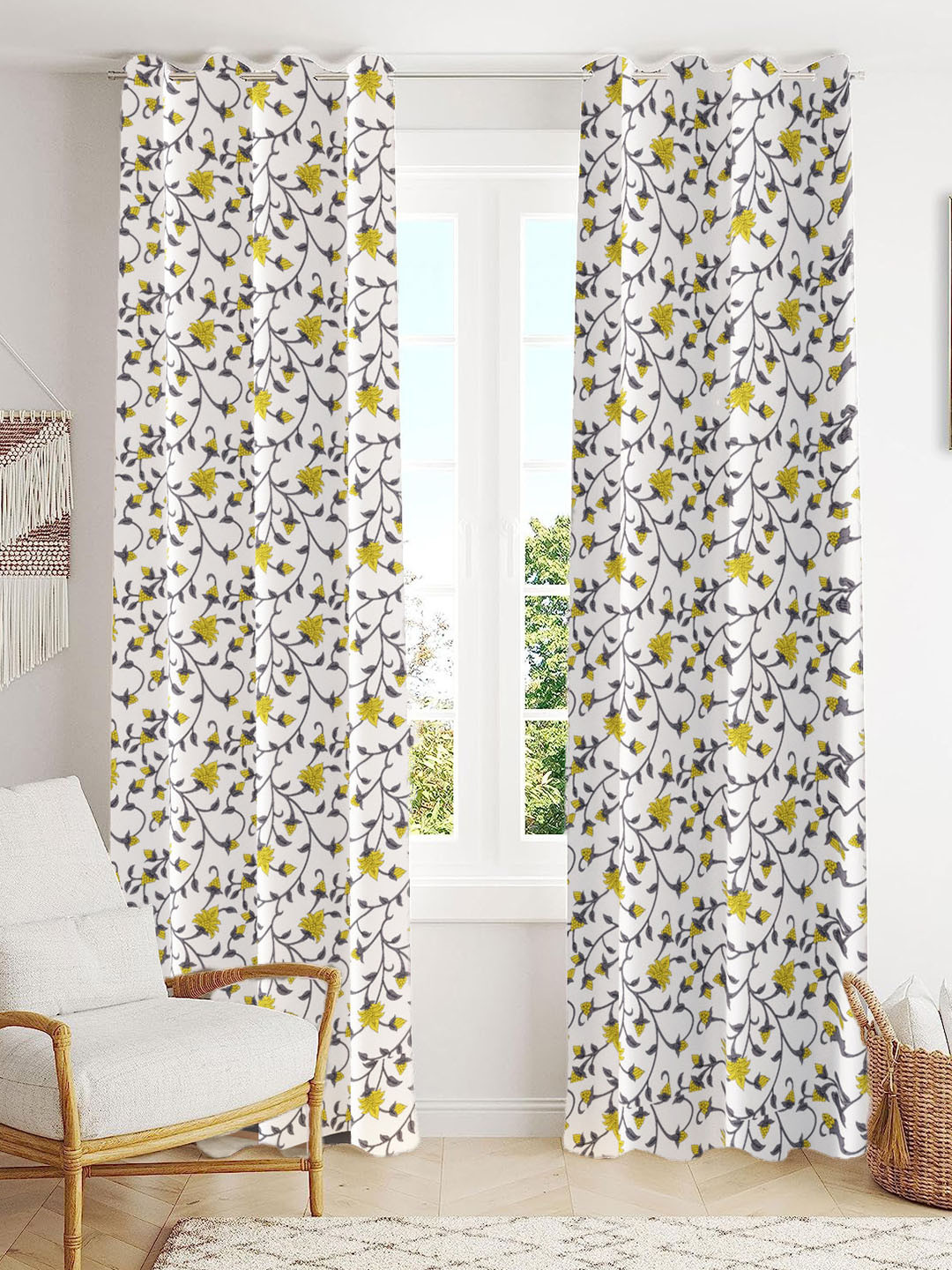 

Trance Home Linen Yellow & White 2 Pcs Printed Room Darkening Pure Cotton Door Curtains