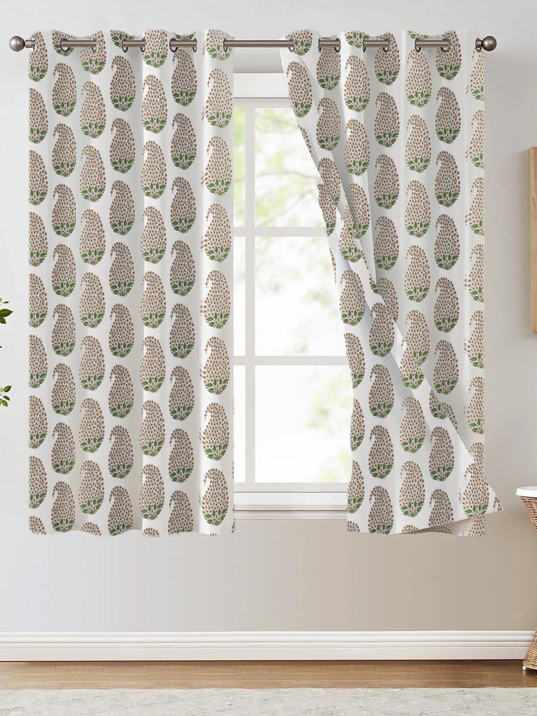 

Trance Home Linen White & Green 2 Pcs Printed Room Darkening Pure Cotton Window Curtains