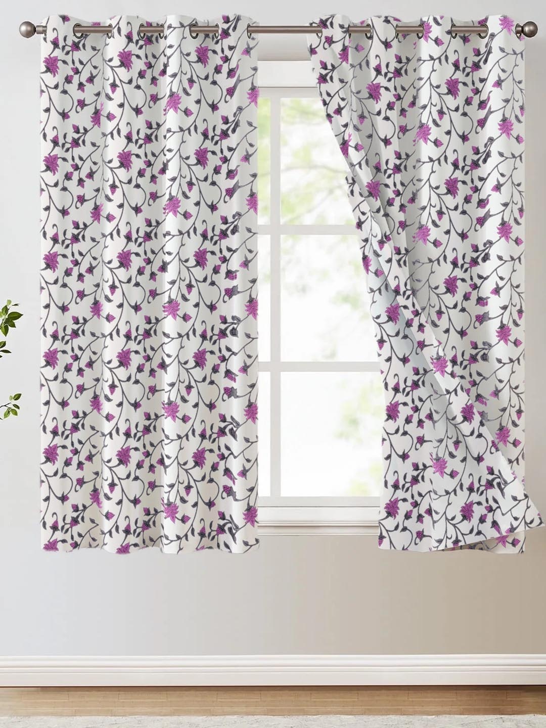 

Trance Home Linen White & Pink 2 Pcs Printed Room Darkening Pure Cotton Window Curtains