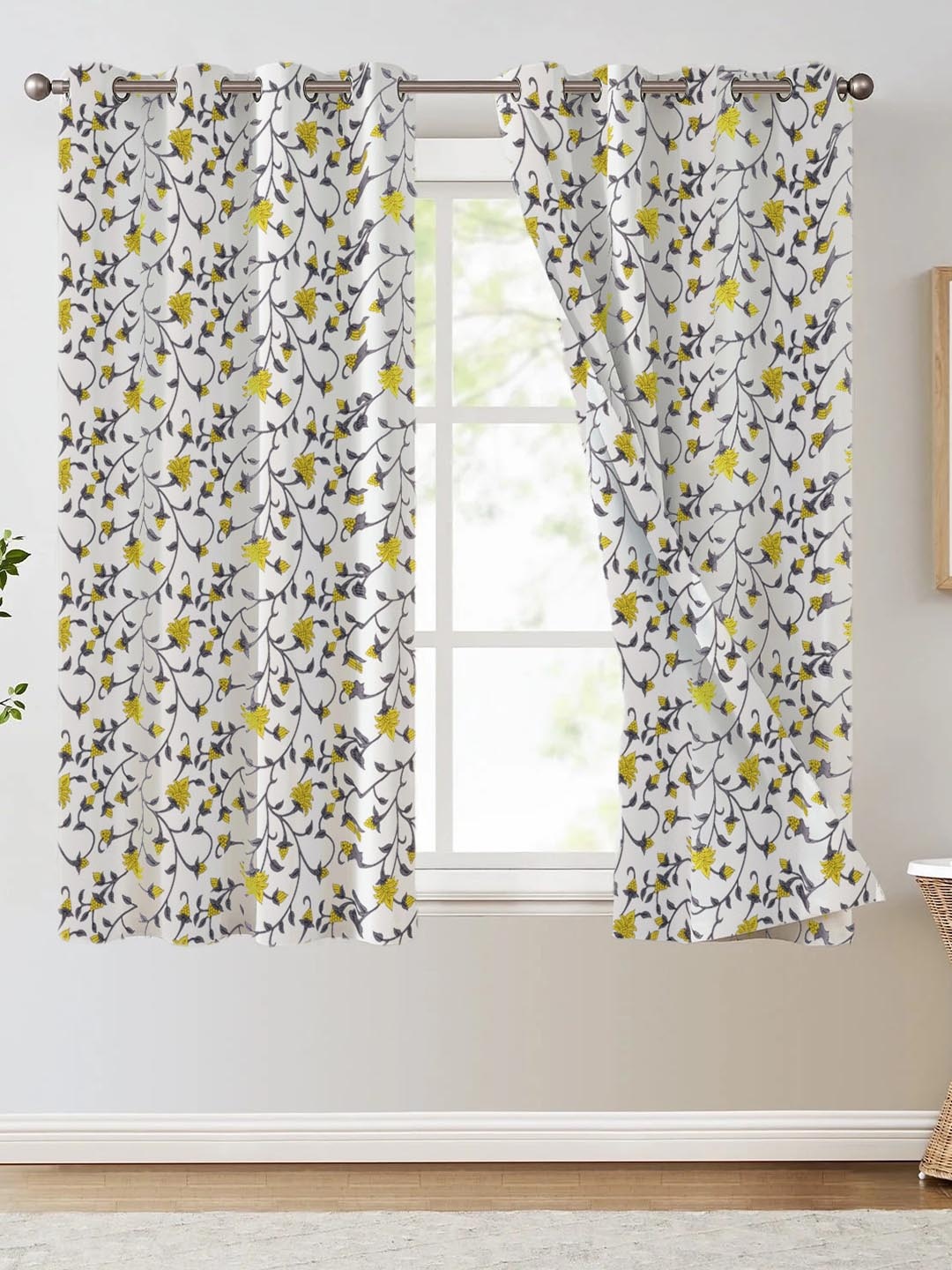 

Trance Home Linen White & Yellow 2 Pcs Printed Room Darkening Pure Cotton Window Curtains