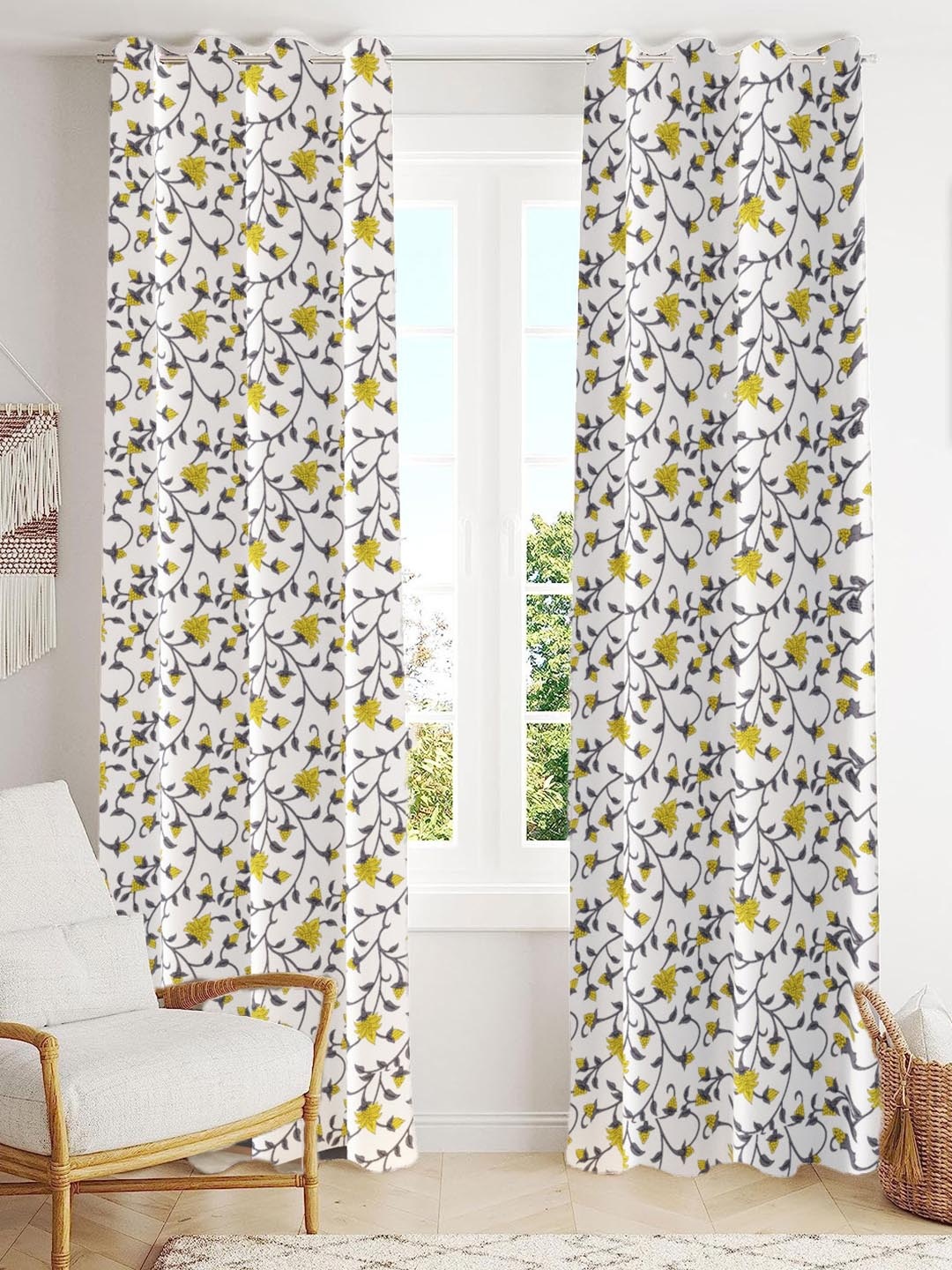 

Trance Home Linen White 2 Pieces Printed Room Darkening Pure Cotton Long Door Curtains