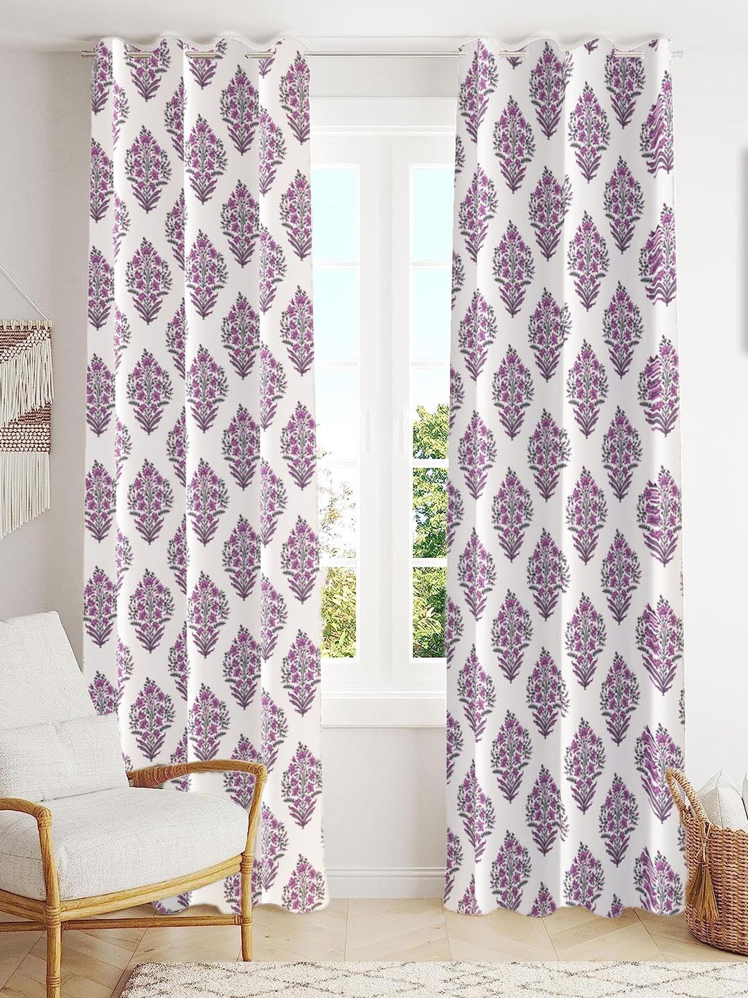

Trance Home Linen White & Mauve 2 Pcs Printed Room Darkening Pure Cotton Long Door Curtain