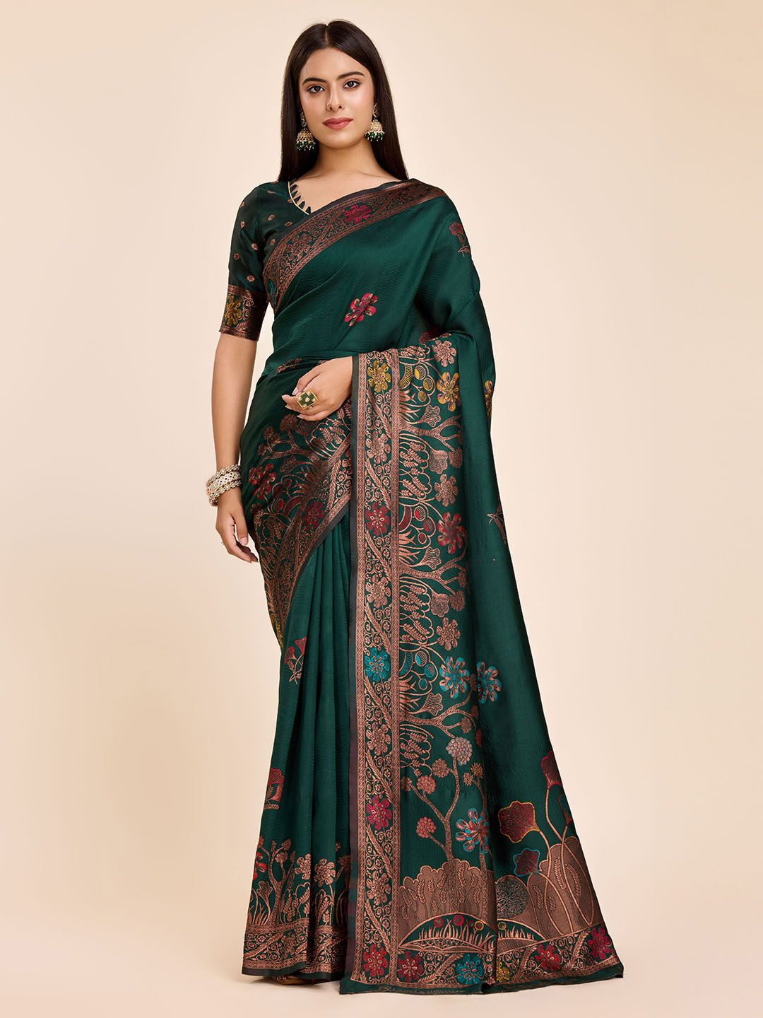 

RICH & ROMAN Ethnic Motifs Zari Woven Pure Silk Banarasi Saree, Green