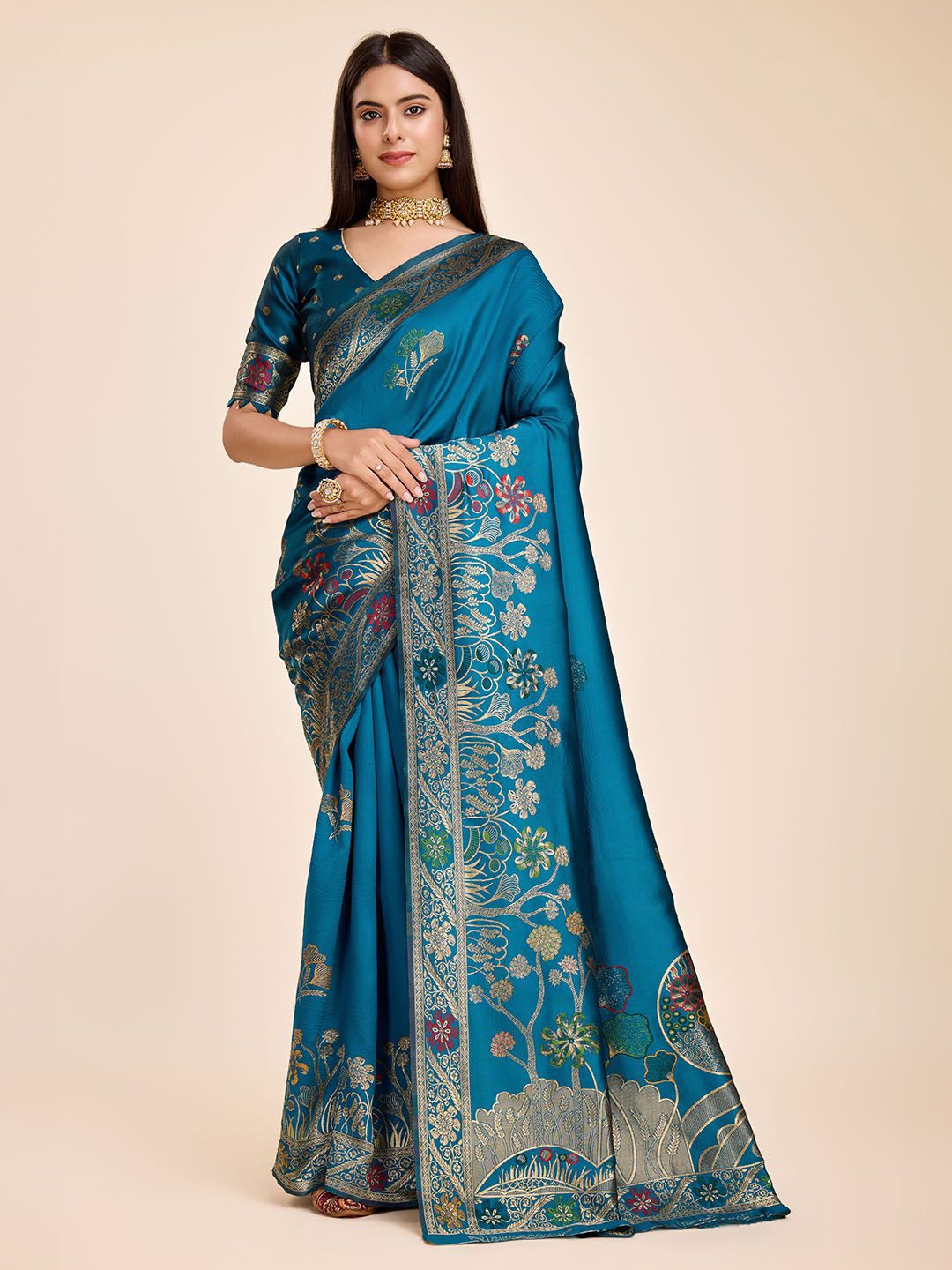 

RICH & ROMAN Ethnic Motif Zari Woven Pure Silk Banarasi Saree, Blue