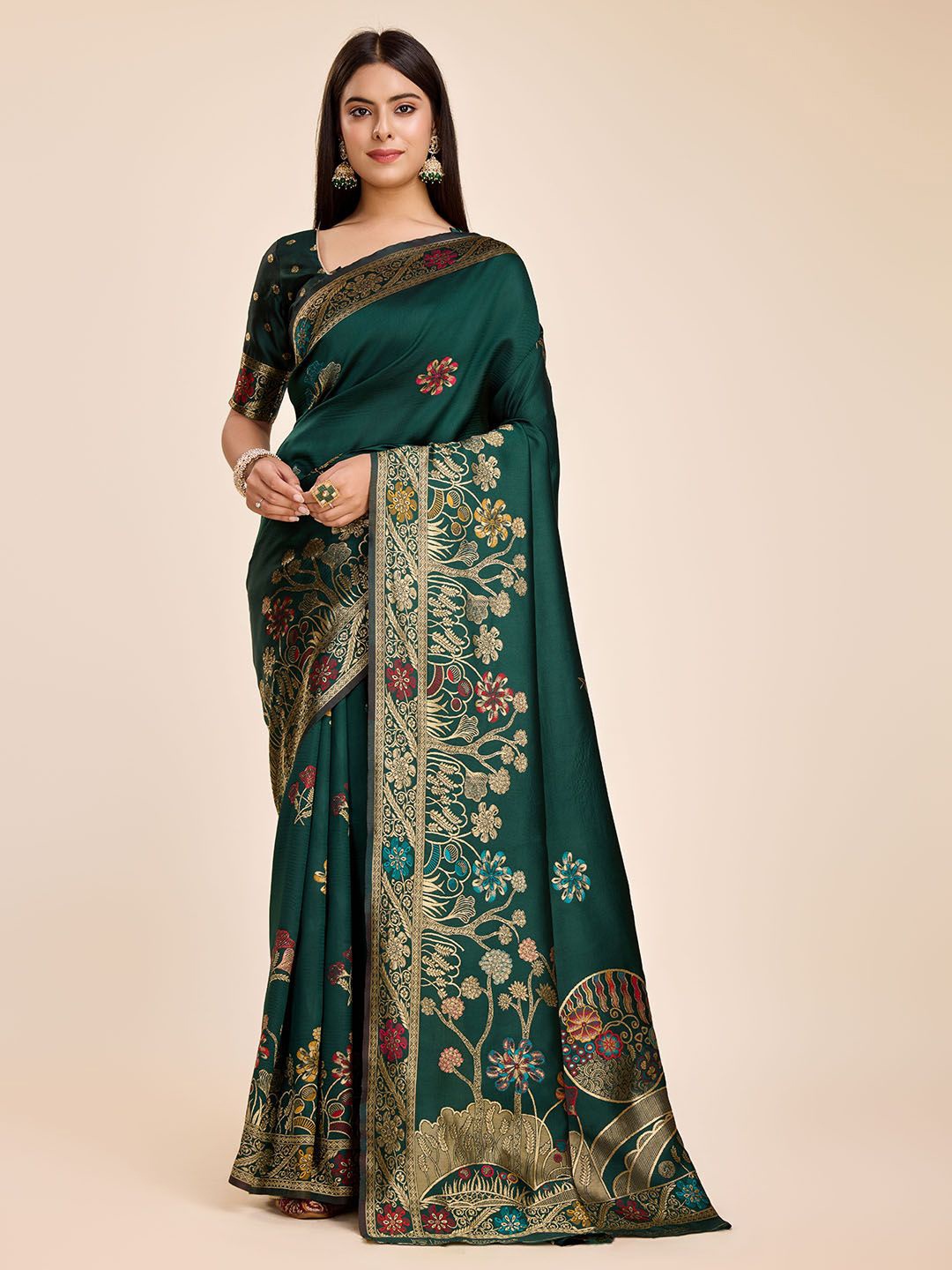 

RICH & ROMAN Ethnic Motif Zari Woven Pure Silk Banarasi Saree, Green