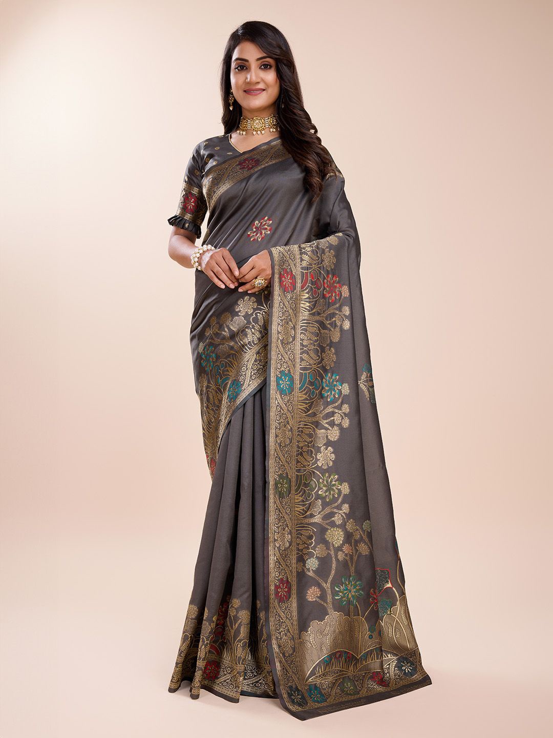 

RICH & ROMAN Ethnic Motifs Zari Woven Pure Silk Banarasi Saree, Grey
