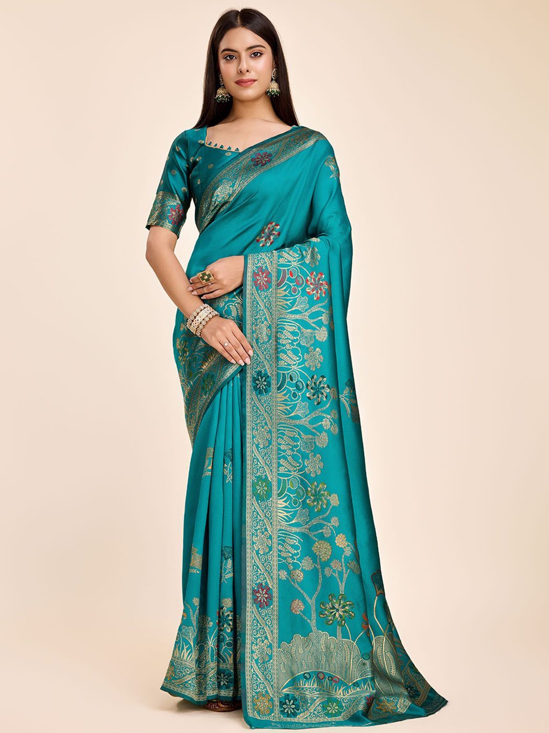 

RICH & ROMAN Woven Design Zari Pure Silk Banarasi Saree, Teal