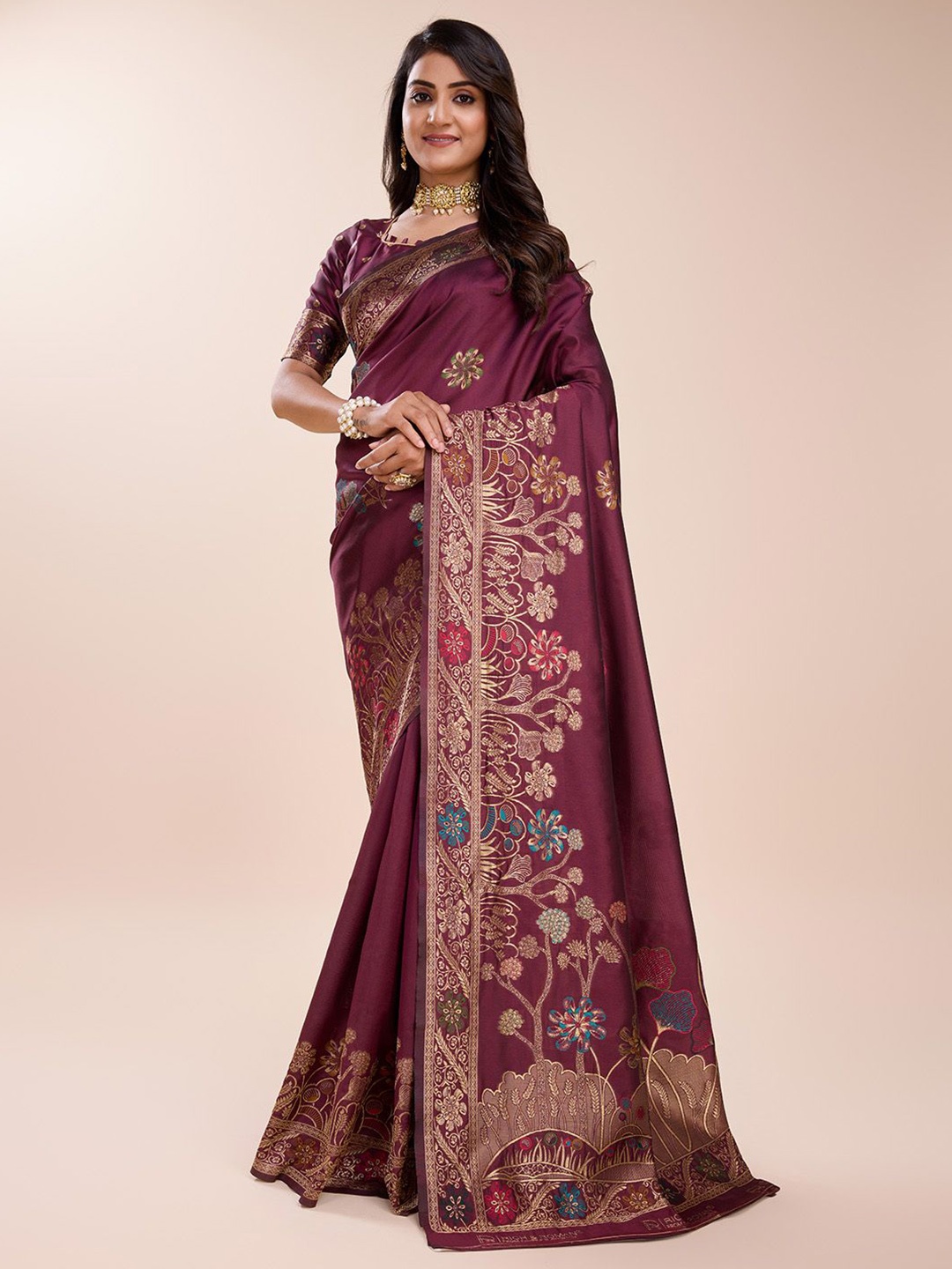 

RICH & ROMAN Woven Design Zari Pure Silk Banarasi Saree, Burgundy