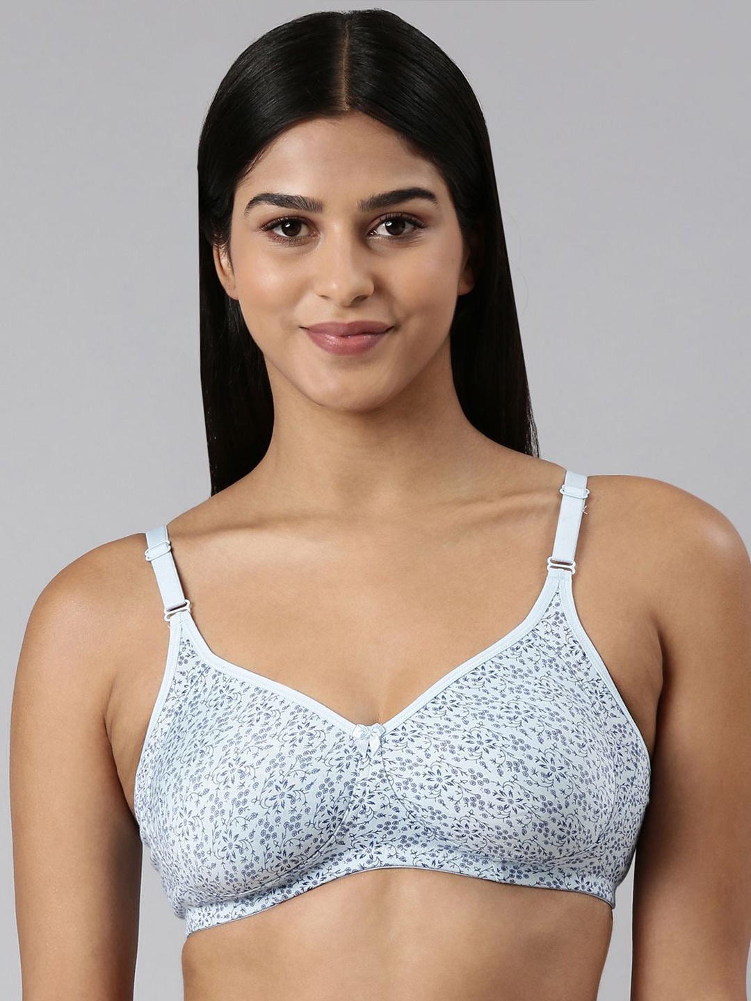 

BLOSSOM Floral Printed Full Coverage Non Padded T-shirt Bra- All Day Comfort, Blue
