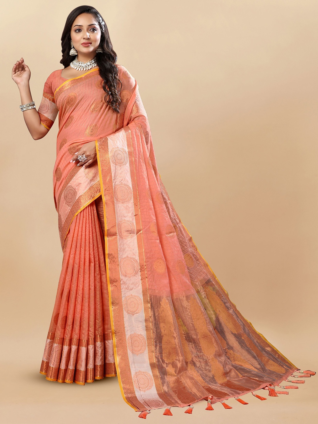 

Upalksh Ethnic Motifs Zari Banarasi Saree with Tassels, Peach