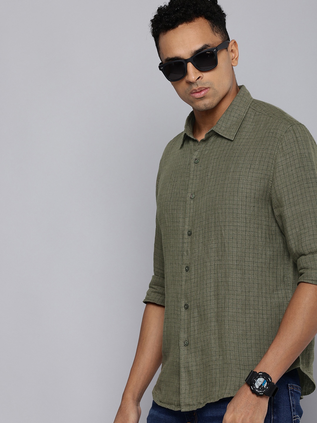 Levis Pure Linen Grid Tattersall Checked Casual Shirt, Green
