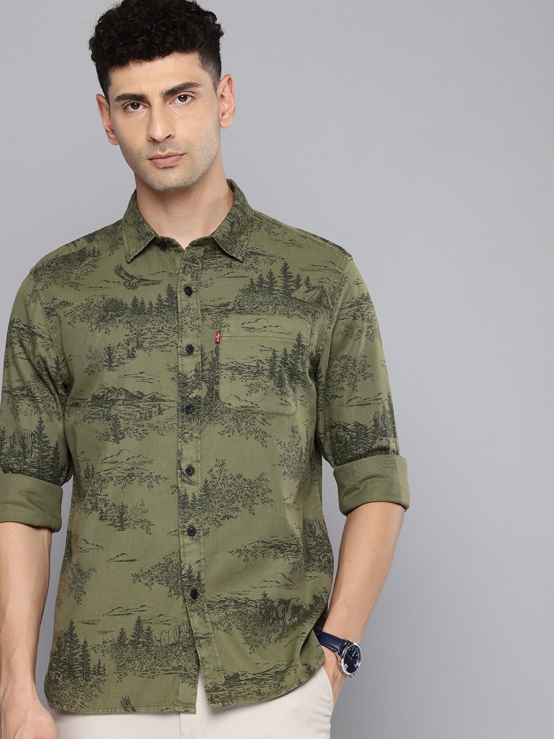 

Levis Pure Cotton Slim Fit Opaque Printed Casual Shirt, Olive
