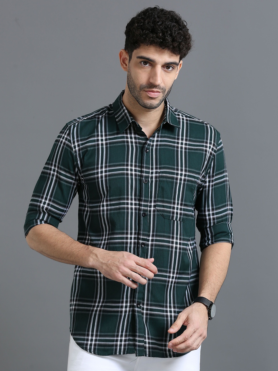 

Rope Men Classic Slim Fit Tartan Checks Opaque Checked Casual Shirt, Green