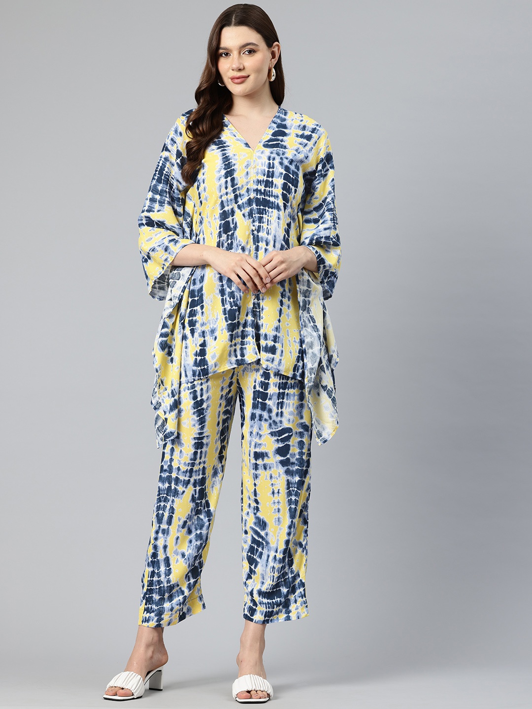 

One Femme Tie Dye Kaftan Pure Cotton Top With Trousers, Blue