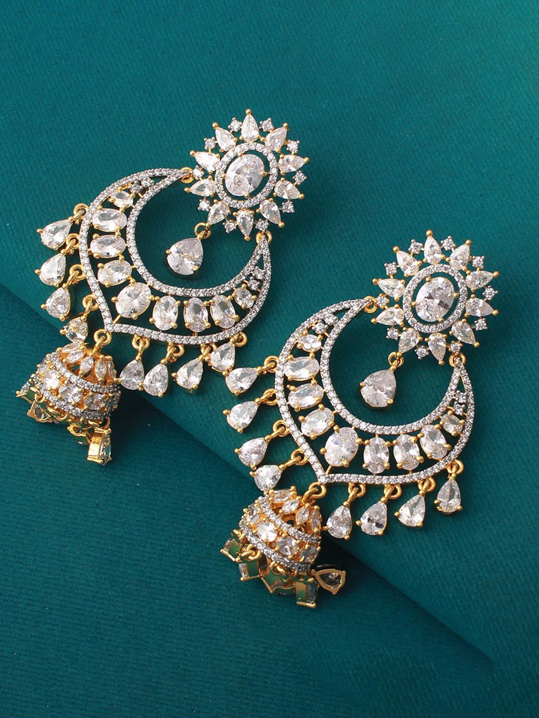 

Mirana Gold-Plated American Diamond Contemporary Jhumkas Earrings