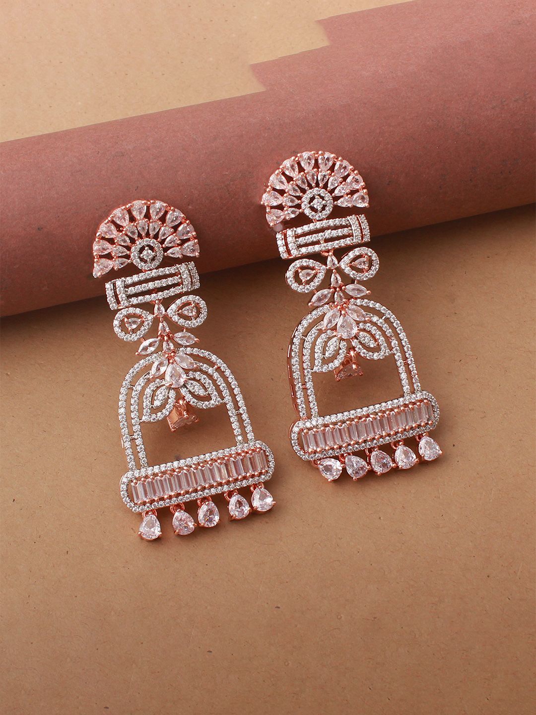

Mirana Rose Gold-Plated American Diamond Contemporary Drop Earrings
