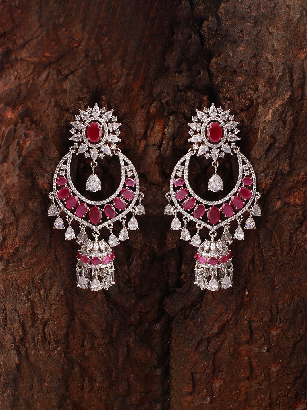 

Mirana Rhodium-Plated Contemporary Ruby Cubic Zirconia Jhumkas, Silver