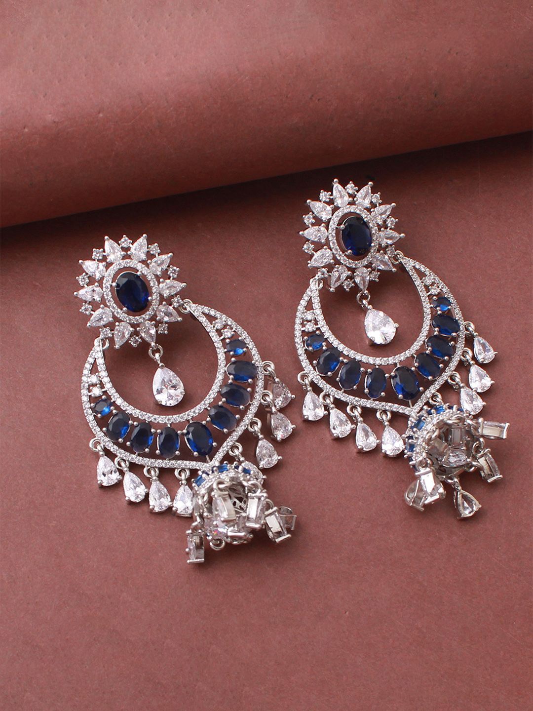 

Mirana Rhodium-Plated American Diamond Contemporary Chandbalis Earrings, Blue
