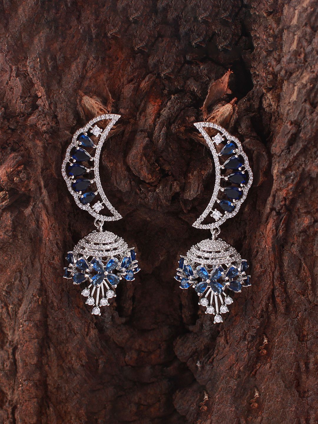 

Mirana Rhodium-Plated American Diamond Dome Shaped Jhumkas, Blue
